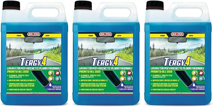 Ma-Fra Tergy 4, Líquido Limpiaparabrisas de Coches Multiestacional, Limpiador de Limpiaparabrisas de Coches Antical hasta -5°C, Elimina la Película de Tráfico, 4,5L (Paquete de 3)