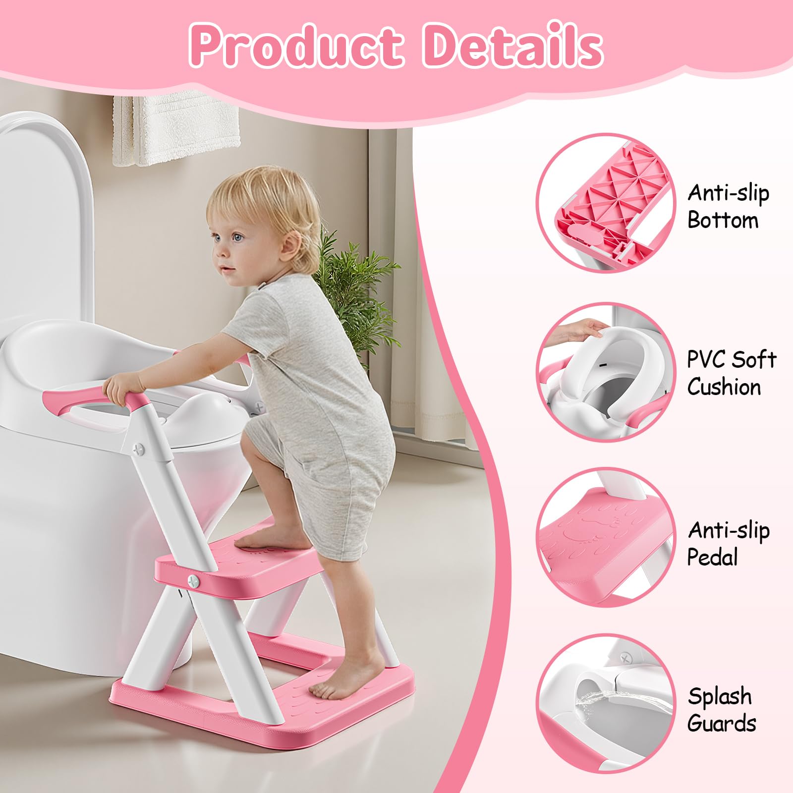 Rabb 1st Potty Training Toilet Seat with Steps, 2-in-1 Toddler Toilet Seat for Boys Girls with Splash Guard Soft Anti-Slip Pad,Bright Pink - 3