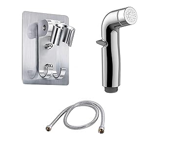 Tagve Aluminium Shower Head Holder Strong Adhesive Wall Mounting Bracket Adjustable No Drill Need with Pipe and SS Handheld Bidet Dual Mode Spray Head (Jet/Stream) New Sliding Switch Silver (Style B)