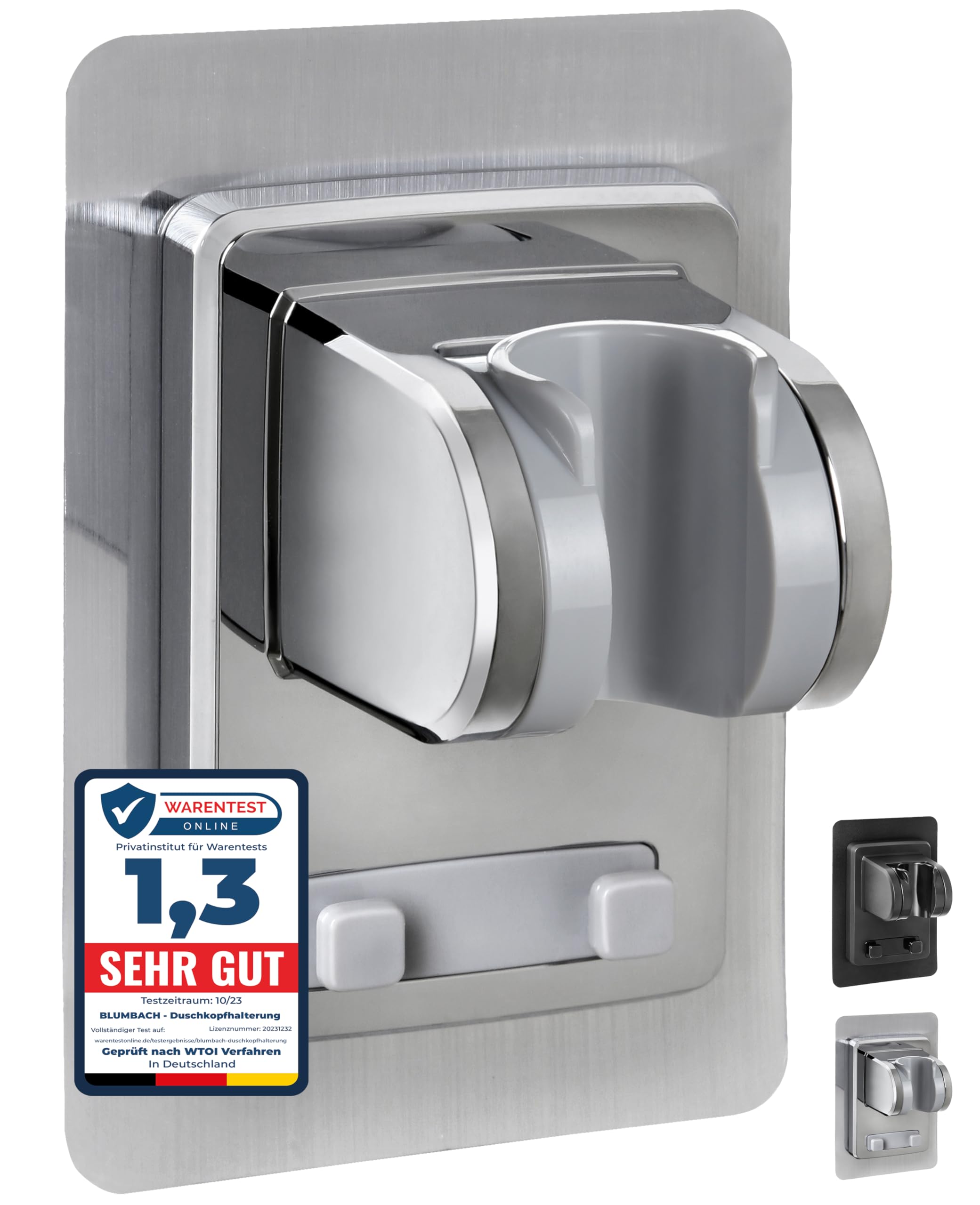 BLUMBACH® Duschkopfhalterung ohne Bohren - DAS ORIGINAL - Duschhalterung kleben statt Bohren - Neigung verstellbar, KU - silber, Duschkopf Halterung, Shower head holder mit extra starkem Klebepad