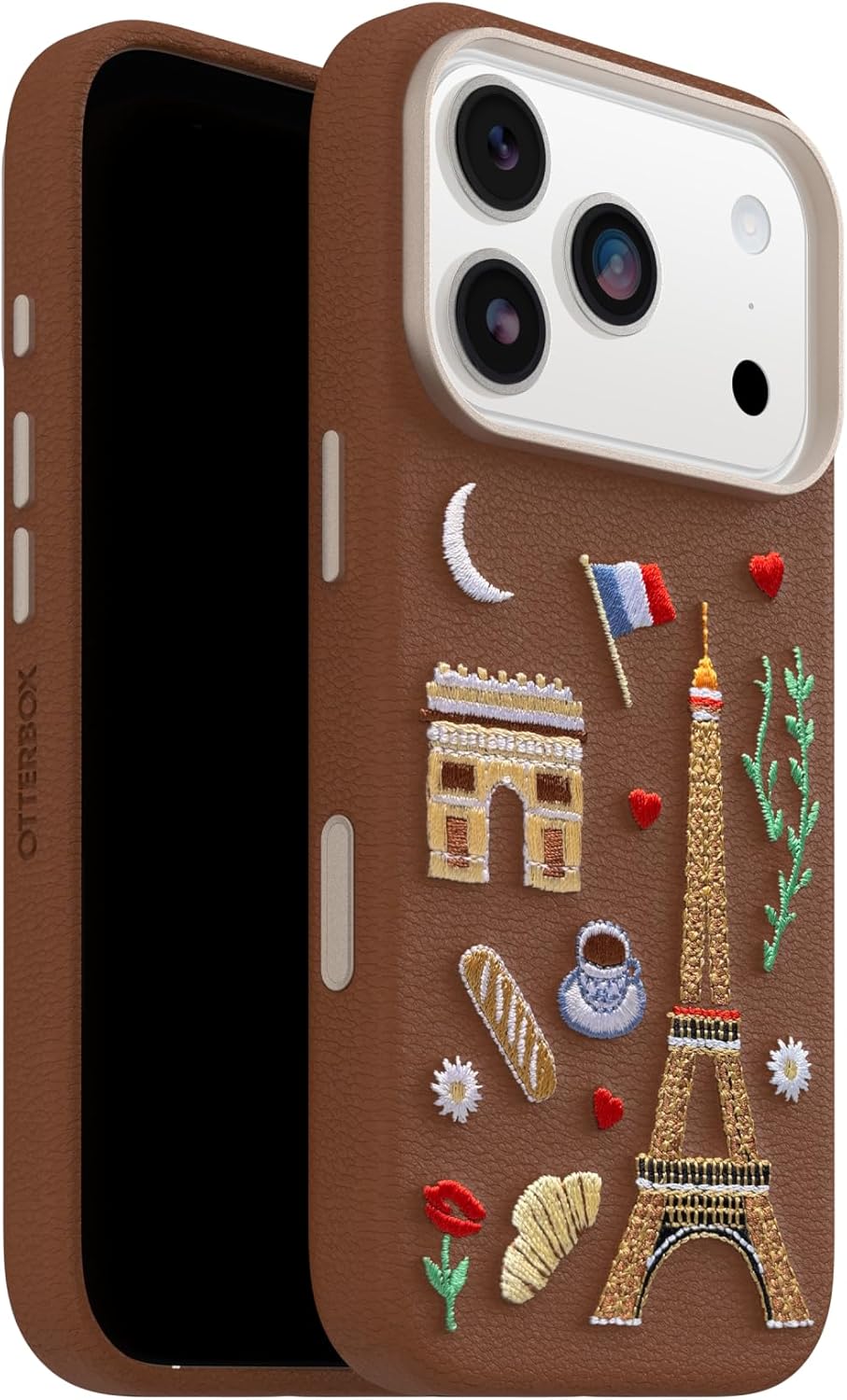 OtterBox iPhone 17 Pro Symmetry Series Cactus Leather Embroidery Case - City of Love - Brown - Textured, Embroidered Paris Artistic iPhone Case