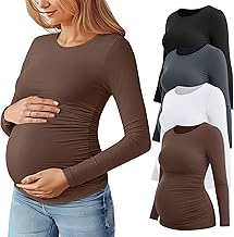 Huukeay 4 Pack Women's Maternity T Shirts, Long Sleeve Side Ruched Pregnancy Top Crew Neck Bodycon Shirts Casual Mama Clothes