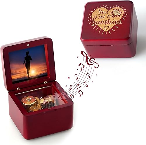 Miniatura 7 de JYmusic Caja de música vintage de madera maciza natural grabada con láser de mecanismo de relojería, mini marco de fotos, caja musical para el día