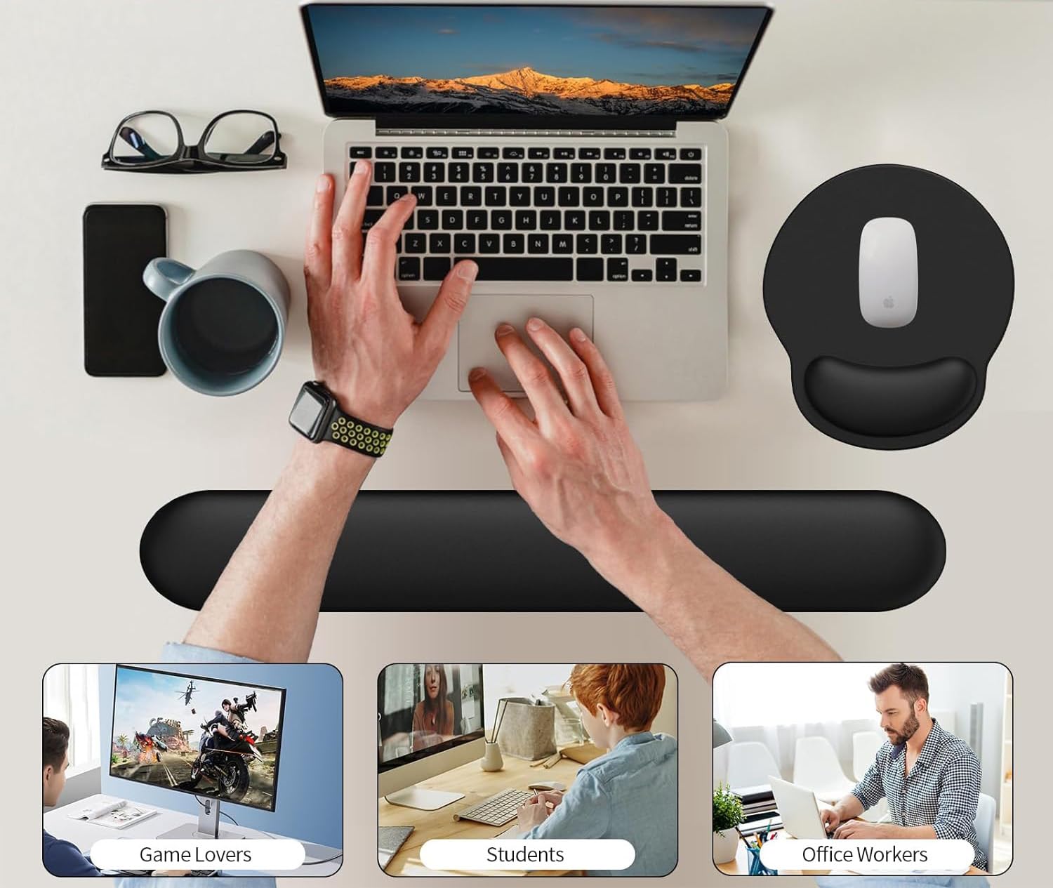 Set poggiapolsi ergonomici con cuscino in gel nero