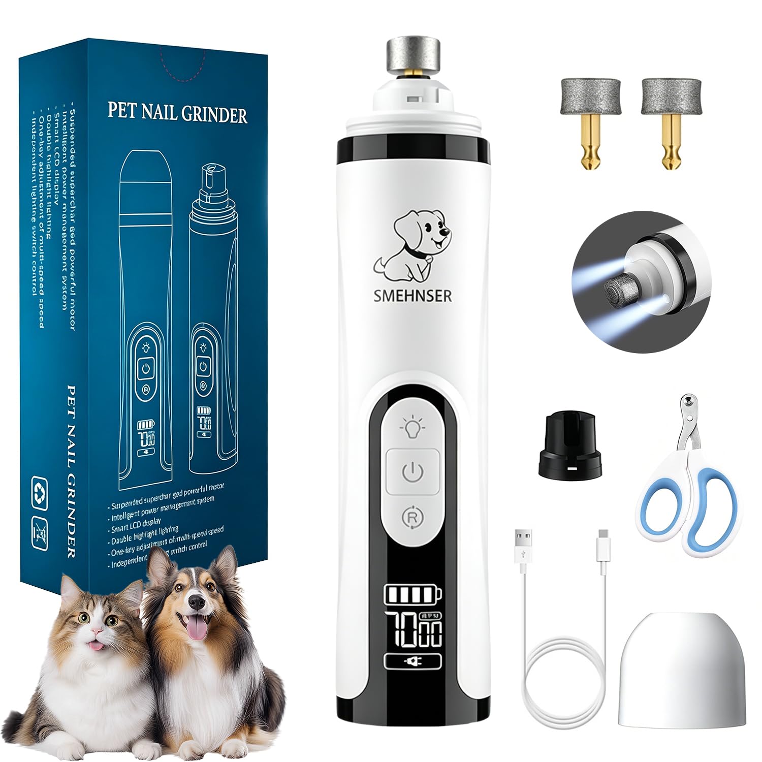 Smart 3-Speed Dog Nail Grinders, Silent Groom Pro Dog Nails with a Dog Nails Clippers, Built-in LED Light, USB Rechargeable, Heusom Silent Groom Pro Nail Grinder for Large Medium Small Dogs & Cats