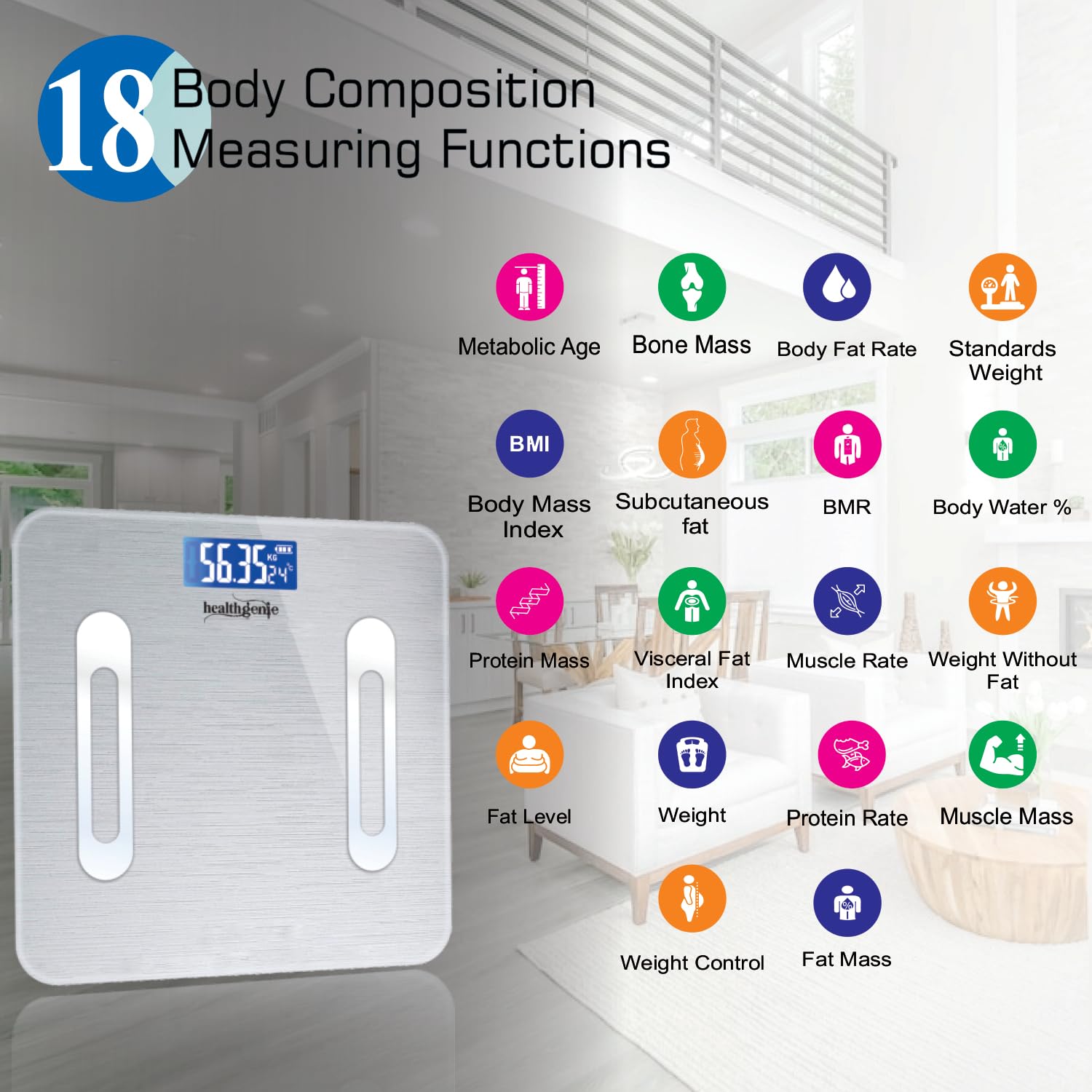Healthgenie Smart Bmi Weight Machine For Body Weight With 18 Body Parameters Sync With Mobile App, 2 Yrs Warranty Bluetooth Weighing Machine Metallic Shine (Hb-411), 180 kg - Image 4 thumbnail