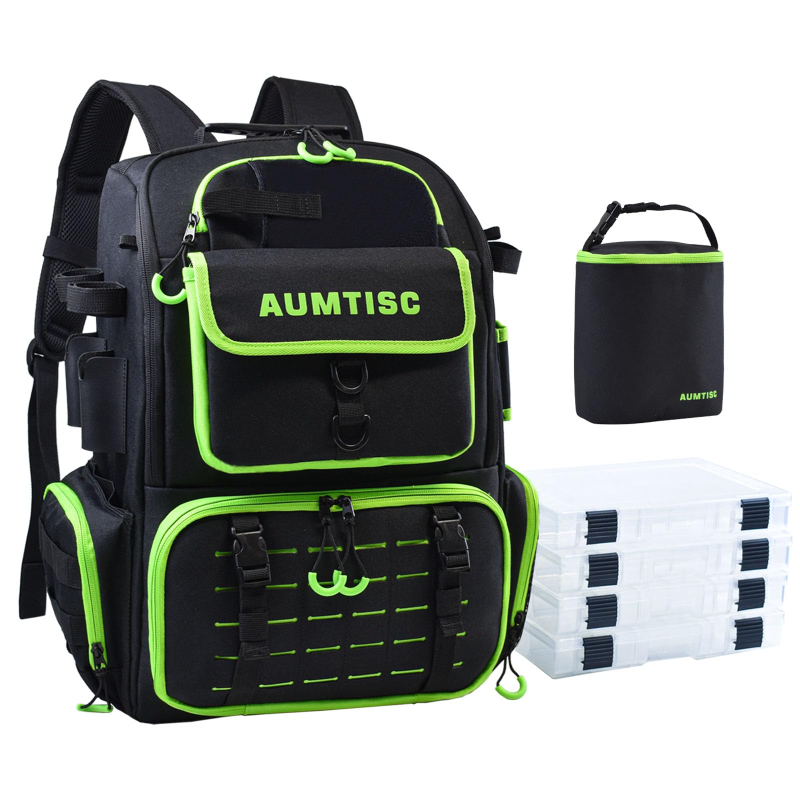 AUMTISC Fishing Tackle Backpack, Fishing Backpacks with 2 Rod Holders, Waterproof Bag Backpack with 4 Tackle Boxes, Rain Cover & Small Insulated Bag,