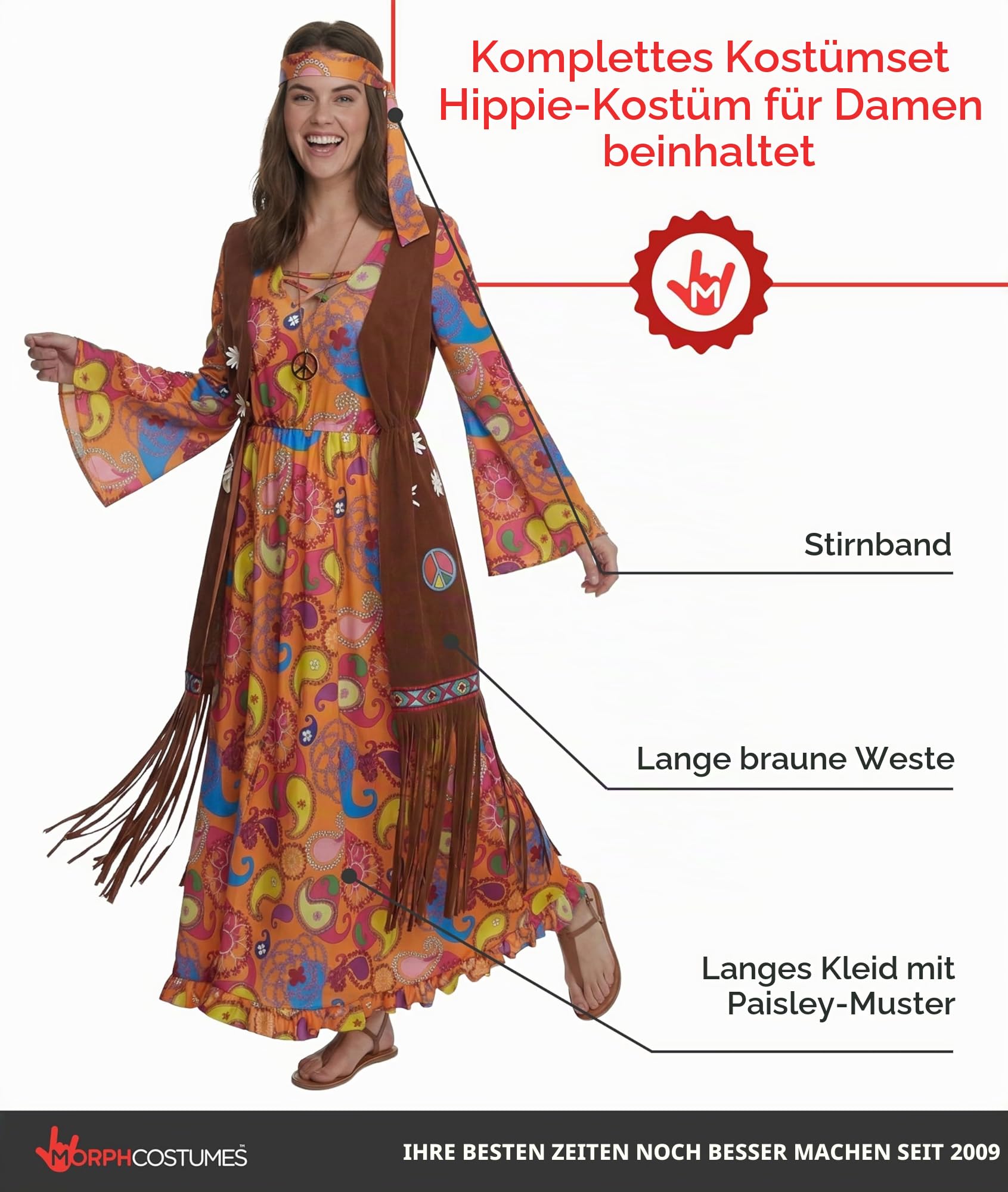 Morph Hippie Kostüm Damen, 70er Jahre Outfit Damen, 70er Jahre Bekleidung, Hippie Kleid, Schlagermove Outfit Frauen, Karneval Kostum Frauen, Fasching