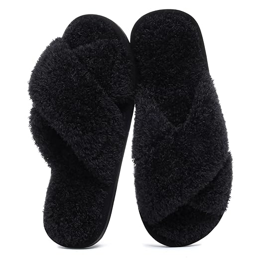 Evshine Women's Fuzzy Slippers Cross Band Memory Foam House Slippers Open Toe