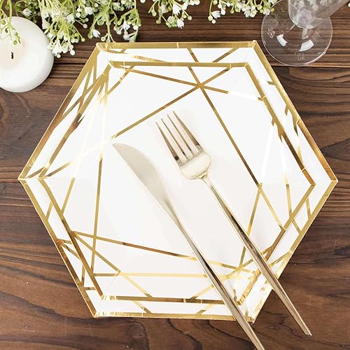 Miniatura 9 de Efavormart - Paquete de 25 platos de papel hexagonales de postre blancodorado de 7 pulgadas, platos de aperitivos, platos desechables para fiestas