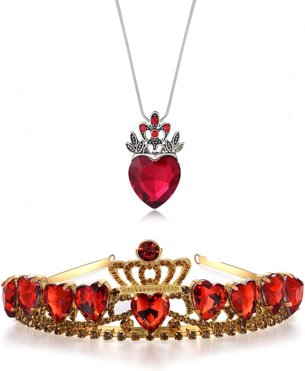 FUNLMO Evie Red Heart Tiara and Necklace Descendants Red Heart Crown Jewelry Set Queen of Hearts Costume Fan Jewelry Pre Teen Gift for Her