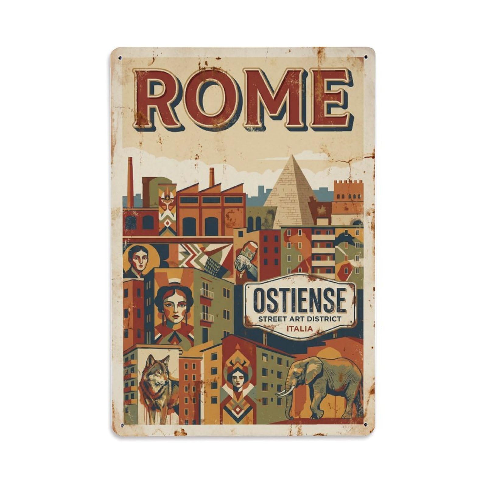 Vintage Travel Rome Ostiense District Street Art Murals Rusted Italy Metal Tin Sign Plaque Wall Decor for Cafe, Club Bar, Office, Home Garden Metal Poster 8x12Inch