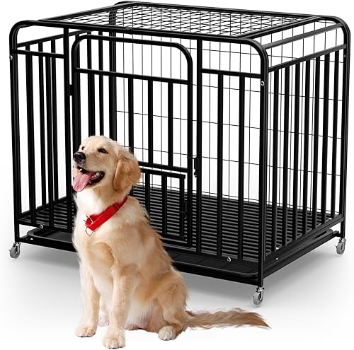 Dog Crate with Removable Tray, 42 Inch Indestructible and Escape Proof Steel Dog Cage Kennel for High Anxiety Dogs, Heavy Duty Dog Crate with
