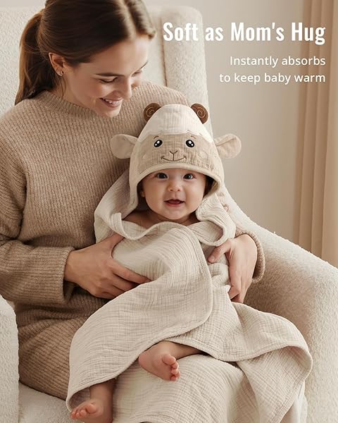 Blissful Diary Muslin Baby Hooded Towel 2 Pack, Soft & Absorbent Bath Towel for Infant, Toddler, Unisex, Baby Gift, Newborn Essentials, Bear & Lamb - 4