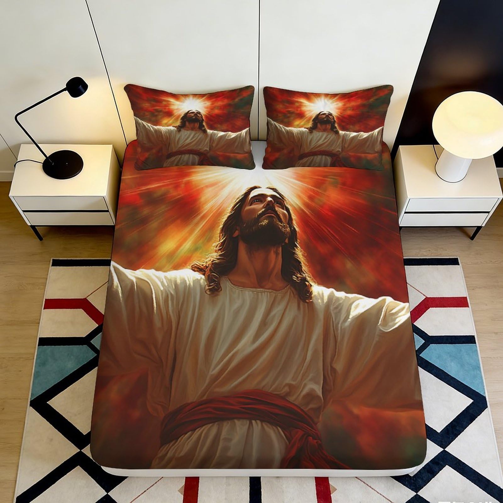 3D Printed Religious Art Fitted Sheet Microfiber Deep Pocket Bedroom Bedding Faith Theme Mattress Fitted Cover Non-Slip Full Wrap 200x200x25cm