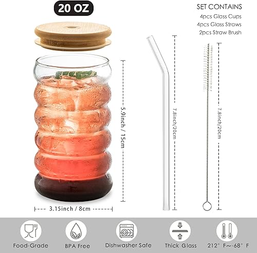Miniatura 2 de INSETLAN Vasos creativos de 20 onzas con tapas de bambú y popote de vidrio, 4 vasos de vidrio con forma de lata ondulada, vasos de cerveza y café