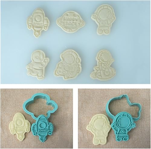 Miniatura 6 de Astronaut - Juego de cortadores de galletas 3D con sellos de émbolo, 6 piezas de cortadores de galletas prensables de dibujos animados con forma