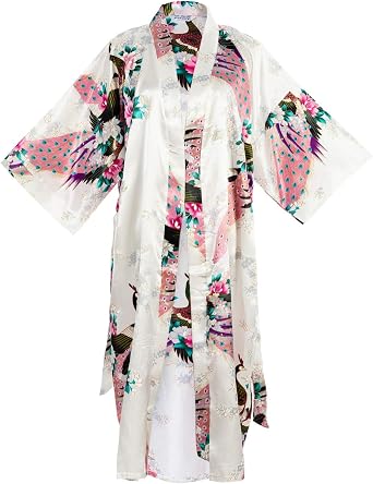 Flower Peacock Satin Silk Kimono Robe, Dressing Gown, Bridal, Gift, One Size Fits Most