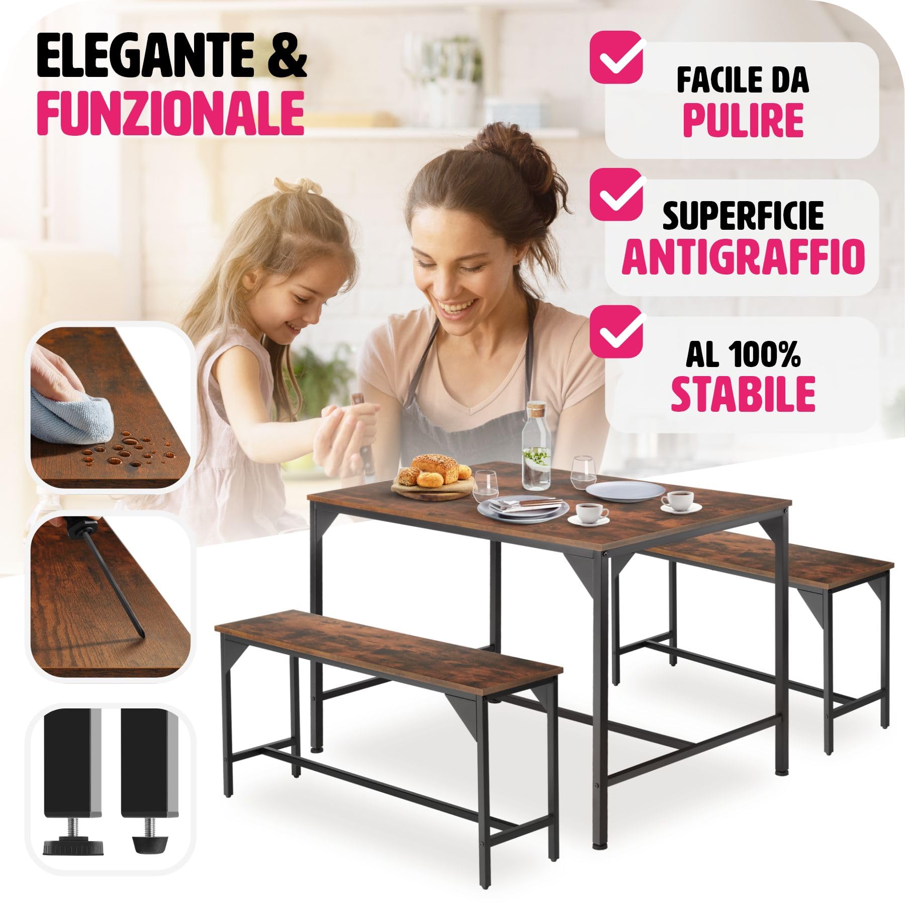 tectake® Salottino Bolton, Set da Pranzo Industriale, 1 Tavolo 2 Panche, Facile da Pulire, Regolabile, Robusto Telaio in Acciaio, Effetto Legno, Salotto - Legno industriale scuro, rustico