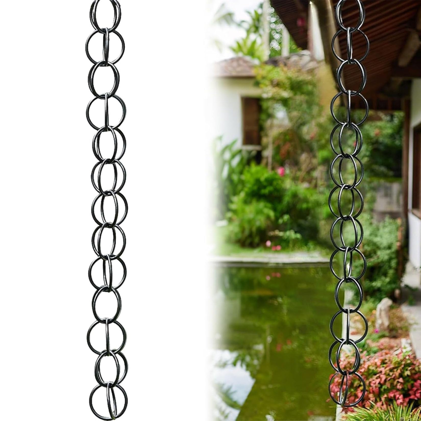 Hssnbkg Rings Rain Chain Garden Ornament,Hanging Rain Water Catching System for Gazebo Balcony,Aluminum Alloy Gutter Chain Waterfall Black-5m(16.5ft)