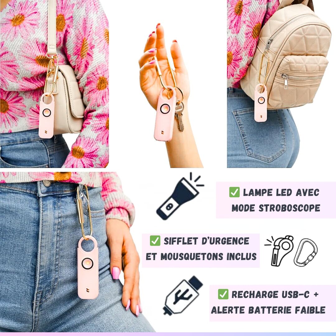 Alarme Personnelle Femme 135 DB Ultra Puissante, Kit Sécurité Auto Défense, Sifflet Urgence + Détecteur Porte/Fenêtre, Rechargeable USB-C avec Lampe LED, Noir