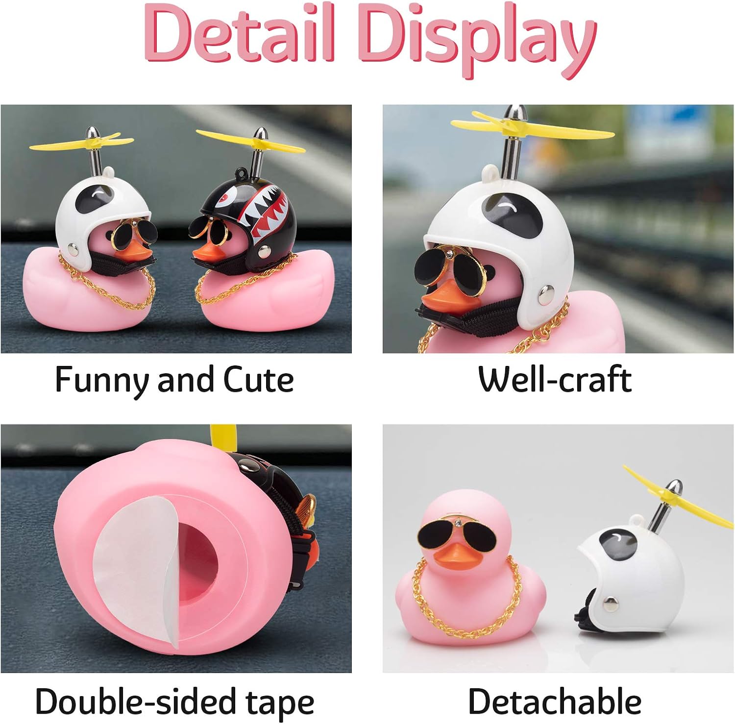 wonuu Pink Duck Car Dashboard Decorations Rubber Duck Car Ornaments Cool Duck with Propeller Helmet Sunglasses Gold Chain
