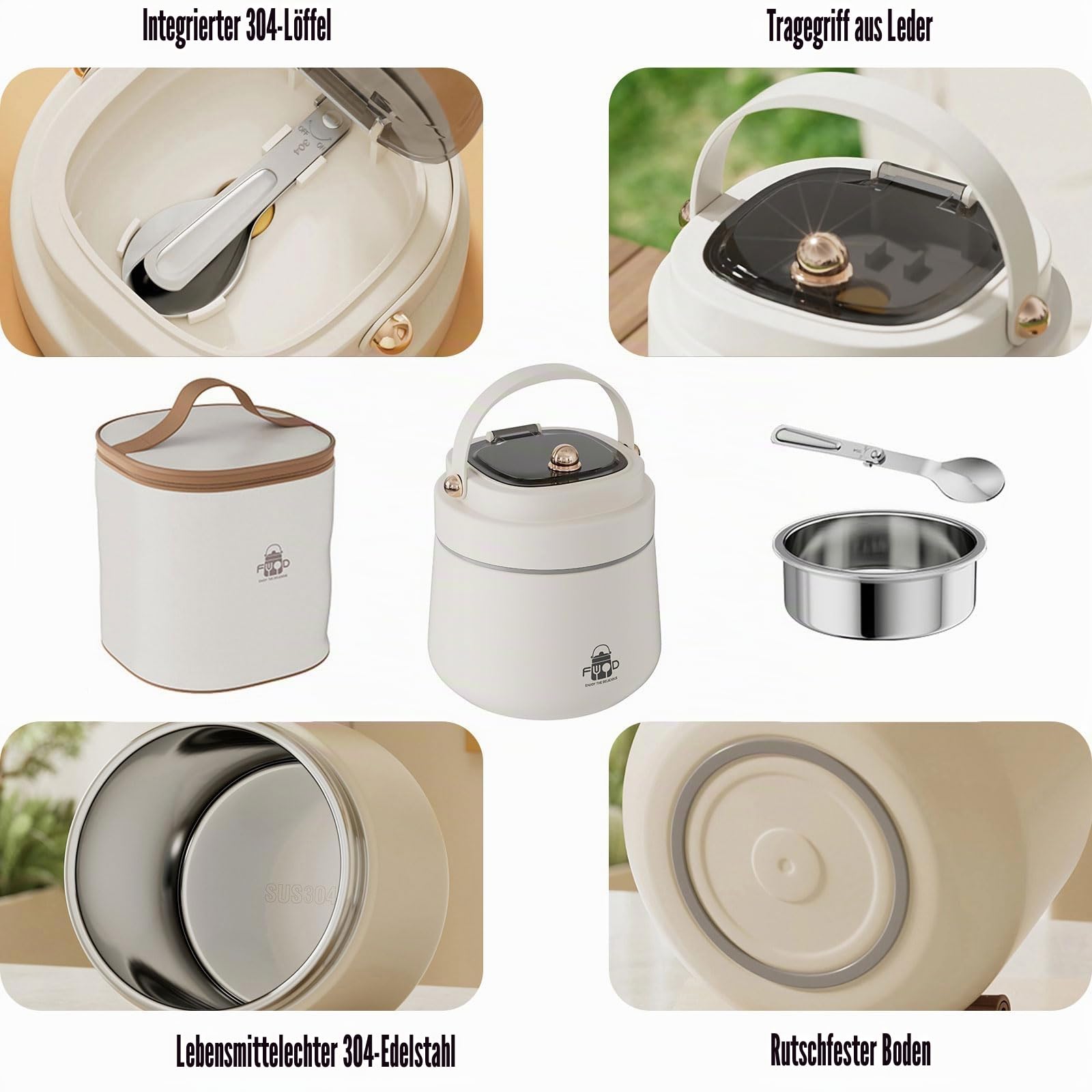 LANMOU Thermobehälter für Essen 1200ml Warmhaltebehälter Essen Edelstahl Thermo Lunchbox für Kinder, Erwachsene, Auslaufsicher, inkl Löffel und Isolierbeutel, 12 h heiß / 12 h kalt, Weiß