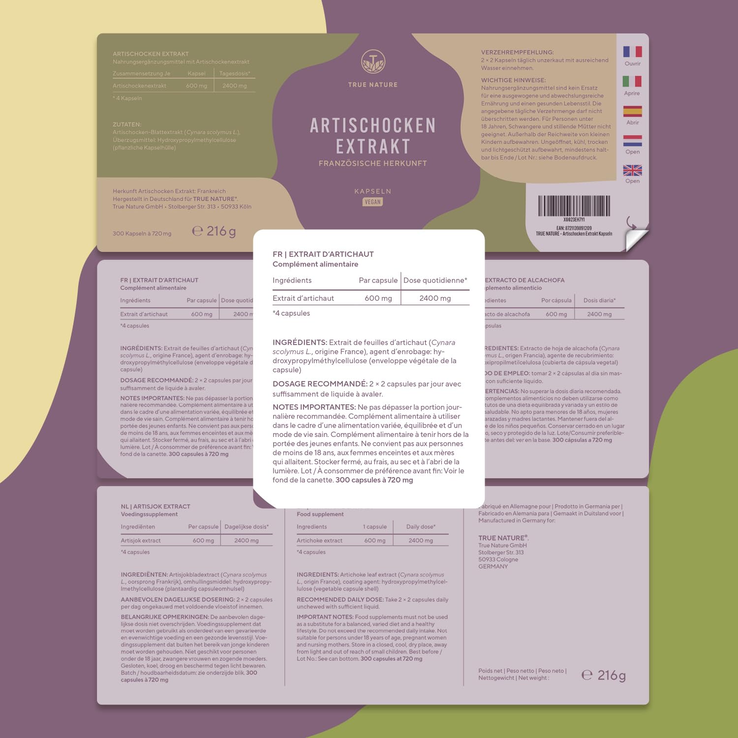 Extrait d'Artichaut Français - 2.400mg avec 2,5% Cynarine - 300 Gélules (2,5 mois) - Confort Digestif, Foie & Détox - Vegan - Sans: Additifs, Lactose & Gluten - TRUE NATURE