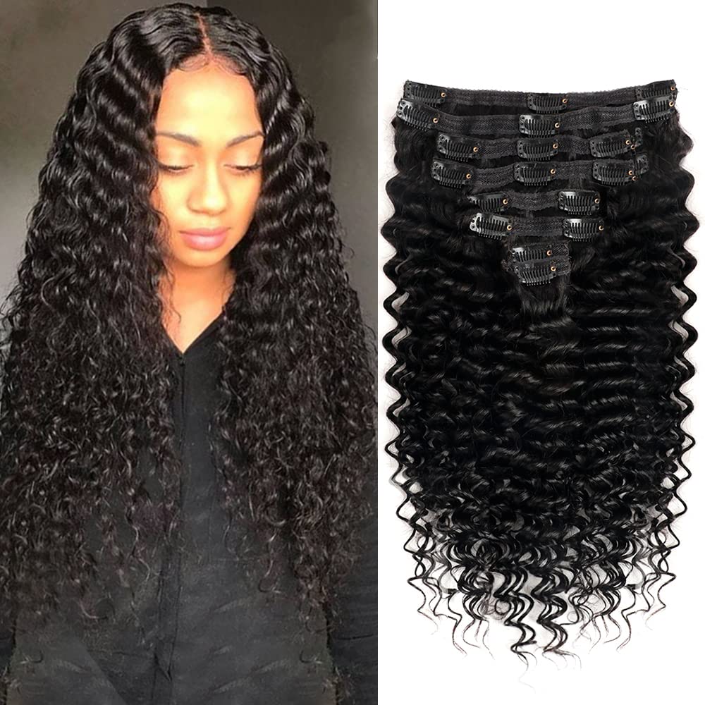 Pobokix Deep Wave Clip in Hair Extensions Real Human Hair Brazilian Virgin Human Hair Clip in Extensions for Black Women 8Pcs Remy Hair with 18Clips