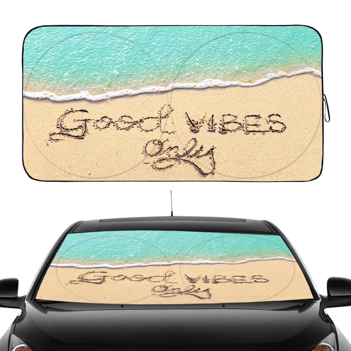 Gven Windshield Sun Shade, Car Front Window Shades Cute Sunshade Windshield Cover Sun Visor Shield Block Automotive Interior Protector Blocks UV Rays for Car Pickup Truck SUV (Good Vibes, L)