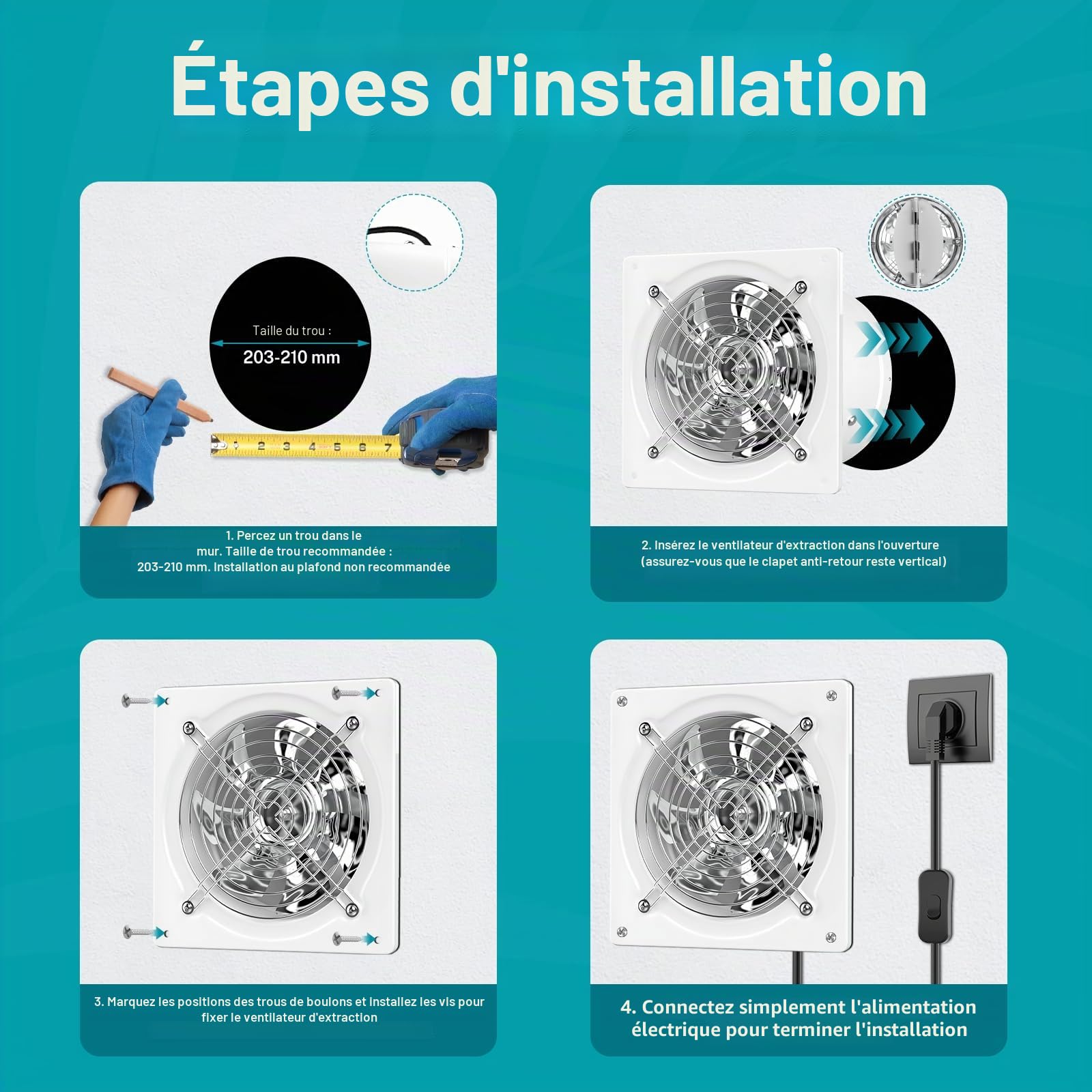 HG Power Extracteur d'air 200mm Ventilateur Mural 980m³/h avec Clapet Anti-Retour Matériau Métallique avec EU Plug pour Bureau Grenier Garage Cuisine, Blanc