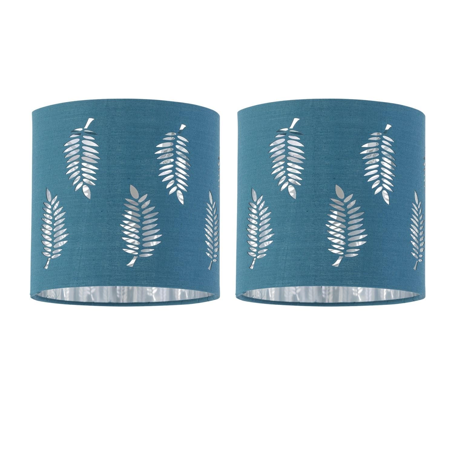 Firstchoicelighting Teal Set Of 2 Table Lamp Shades, Lampshades For Table Lamp Or Bedside Light, Fern Leaf Cut Out Design, Diameter 15Cm