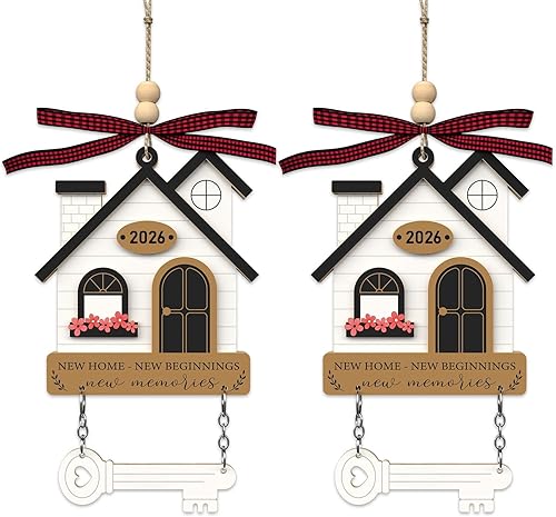2Pcs House Warming Gifts New Home Ornament 2026 - Wooden First New Home Gift Idea for Couple, Women, or Families - 3D New House Keepsake with Key Design(Brown+Brown)