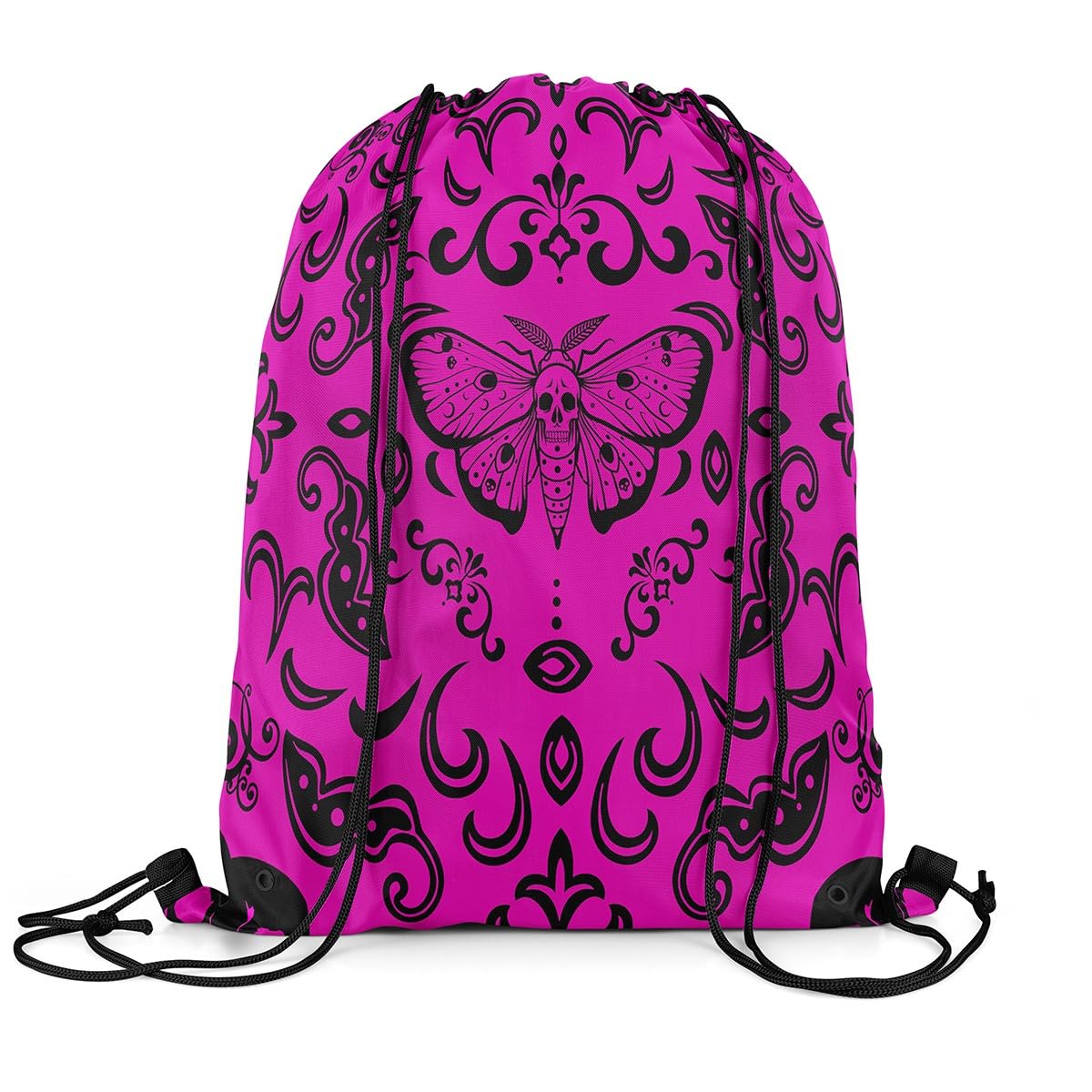 Erosebridal Gothic Death Moth Drawstring Backpack 13x15.7 Hot Pink Black Damask Goth Drawstring Bags Boho Moth Skull Halloween Draw String Back Bag