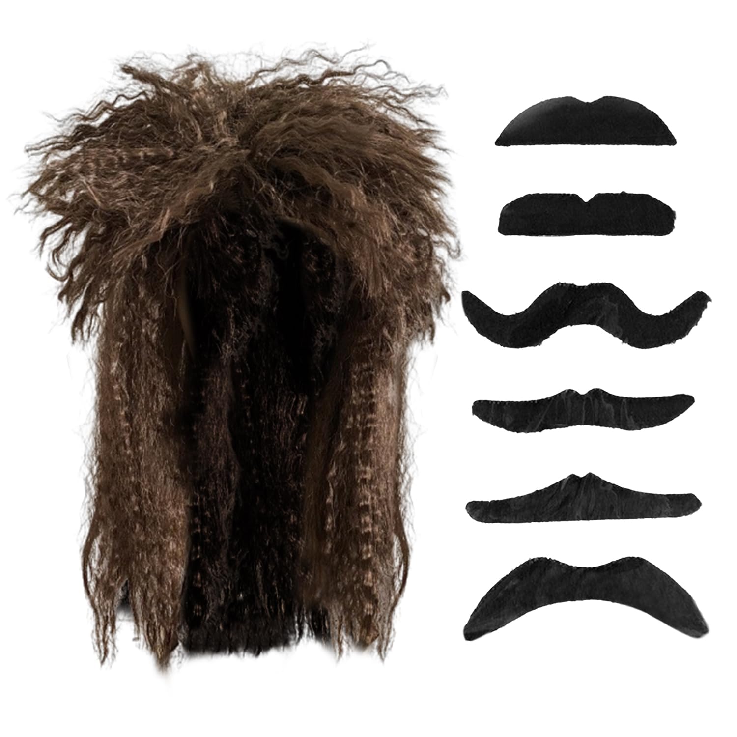 LSYYSL 1 Piece Rocker Curls And 6 Pieces Fake Beard, Cosplay Props, Retro Wigs, Party Wigs, Fun Wigs, Dark Brown