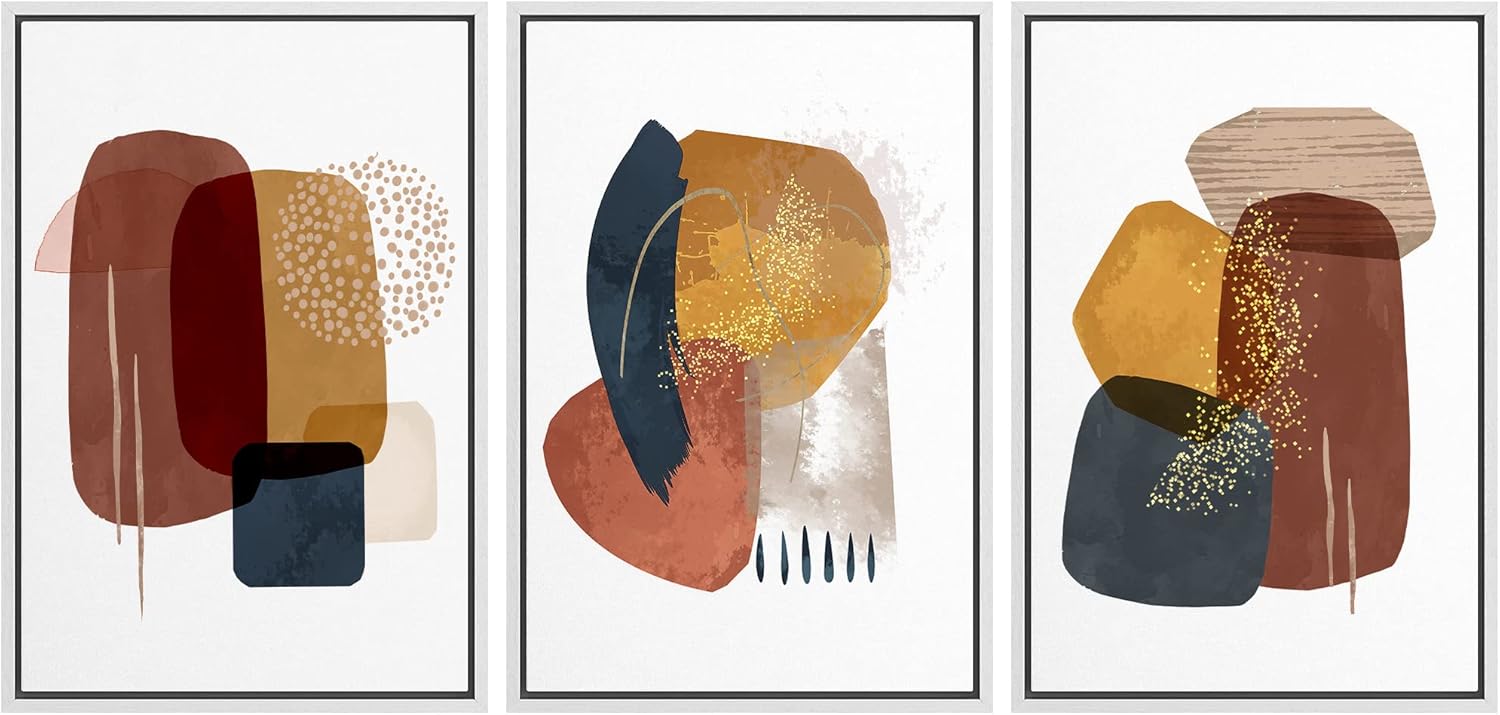 NWT Framed Canvas Print Wall Art Set Mid-Century Boho Pastel Polygons Abstract Shapes Illustrations Modern Art Stylish Decorative Nordic Boho Chic for Living Room, Bedroom, Office - 16"x24"x3 White
