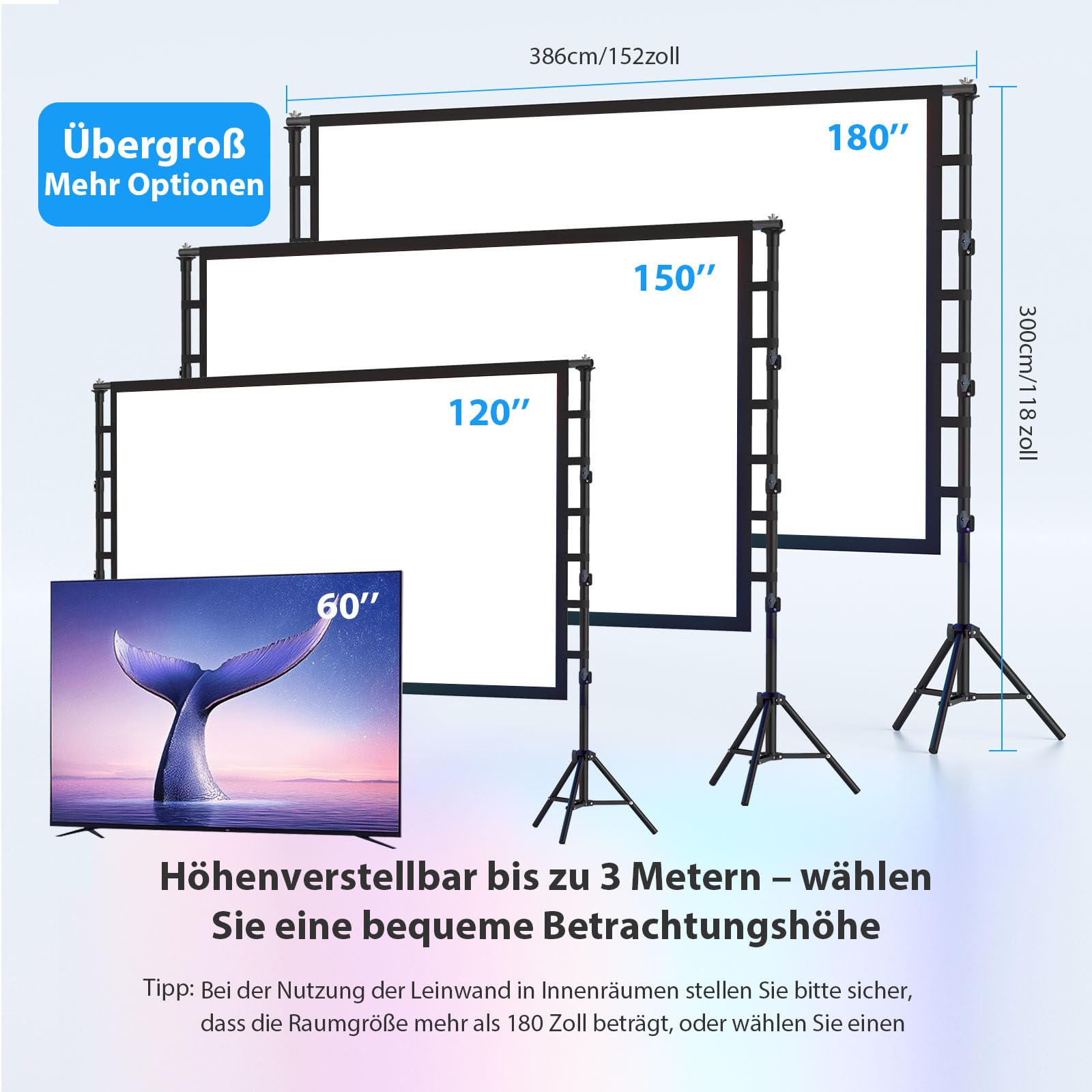 180 Zoll Outdoor Beamer Leinwand mit Stativ: VOOPVOR Tragbare Projektionsleinwand 16:9 4K HD, Kinoleinwand für Innen/Außen, mit Tragetasche & Höhenverstellbarem Stand für Heimkino und Wohnmobile