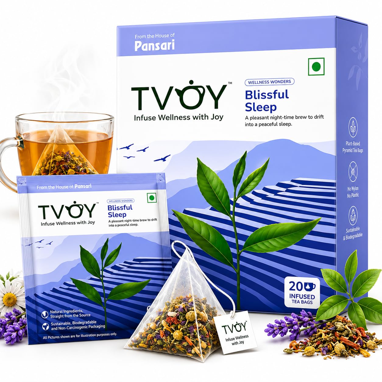 TVOY Green Tea Bags | Panayov Blissful Sleep Herbal Tea Bags with Chamomile for Deep Restful Sleep - 20 Premium Pyramid Tea Bags | Chamomile Tea For Sleep | Sleep Tea-image-12
