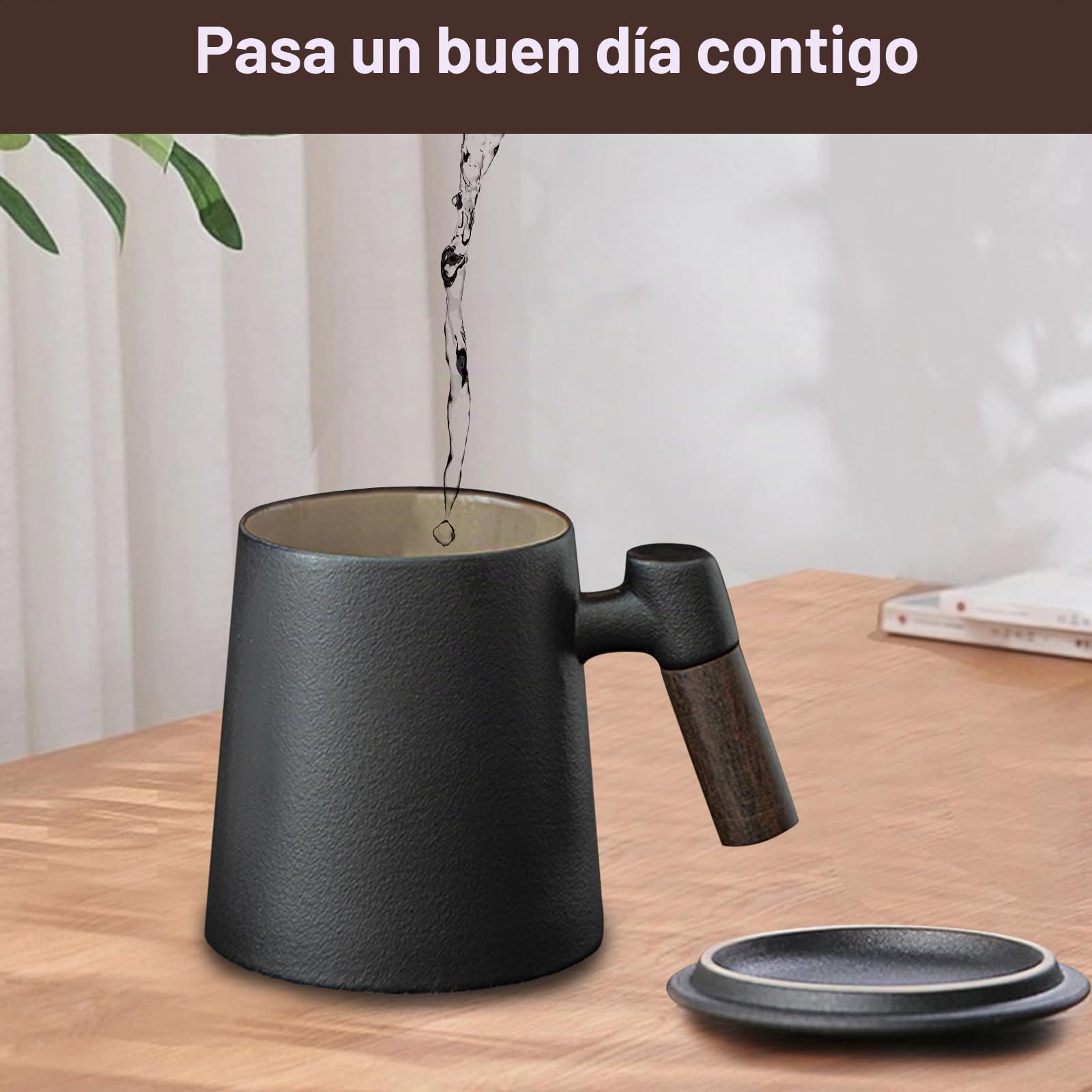 Taza de Te con Filtro y Tapa,400ml Taza de Té Infusiones Con Tapa y Filtro,Taza de Té de con Mango de Madera,Tazas de Té para Preparar Café u Hojas deTé,Taza Infusiones Para Familiar Oficina(negro)