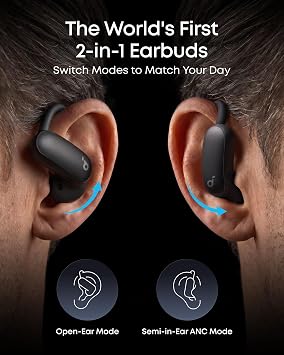 soundcore AeroFit 2 Pro by Anker, 2-in-1 Hybrid Earbuds with Awareness Mode and Focus Mode, Bluetooth 6.1, Hi-Res, LDAC, Spatial Audio, Al Clear Phone Calls, IP55, 34H Total Playtime