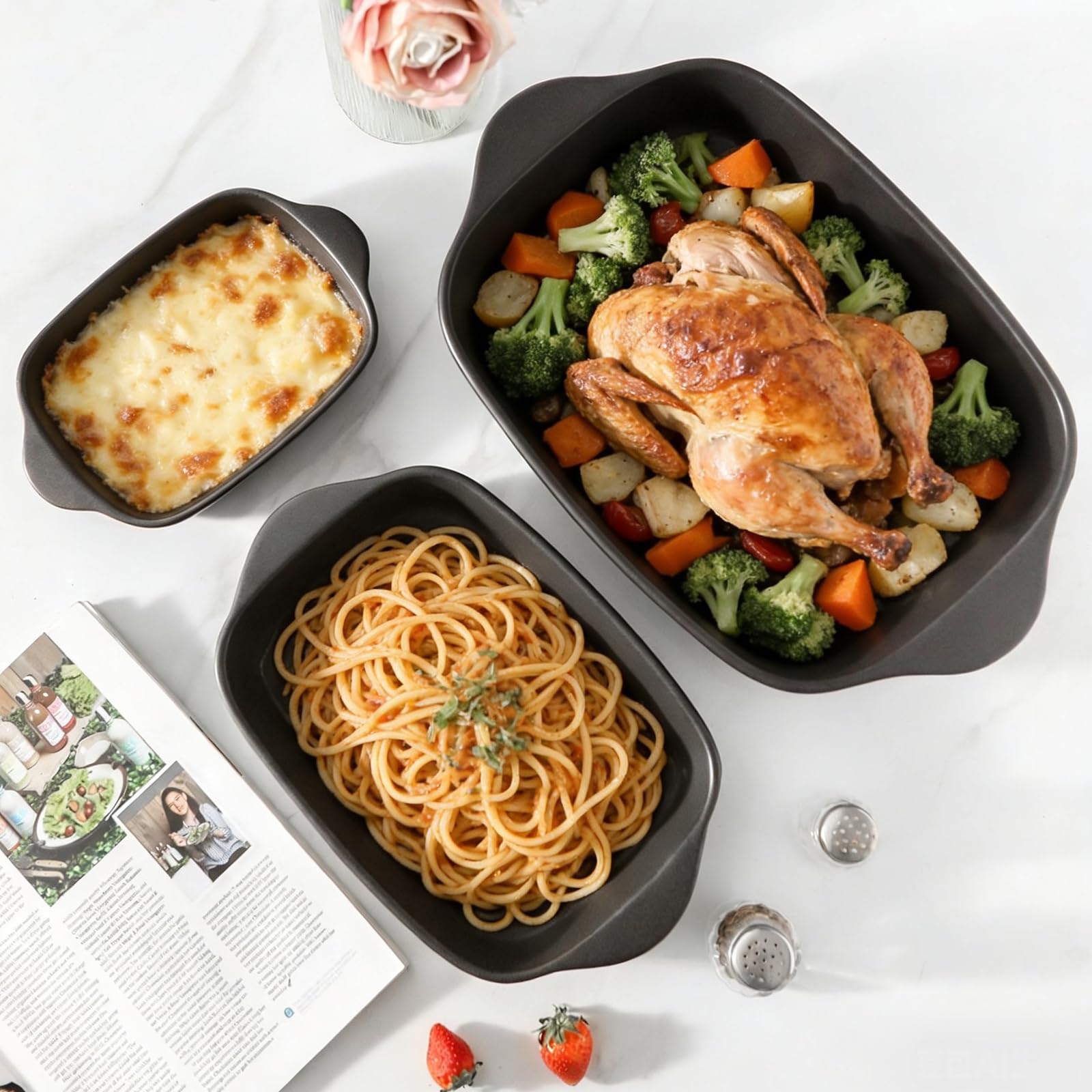 Set di 3 pirofile per forno, teglie da forno in gres, teglia da forno in ceramica, teglia rettangolare profonda per lasagne, set da forno per regali di Natale, (37,8 cm/30,5 cm/22,4 cm), nero