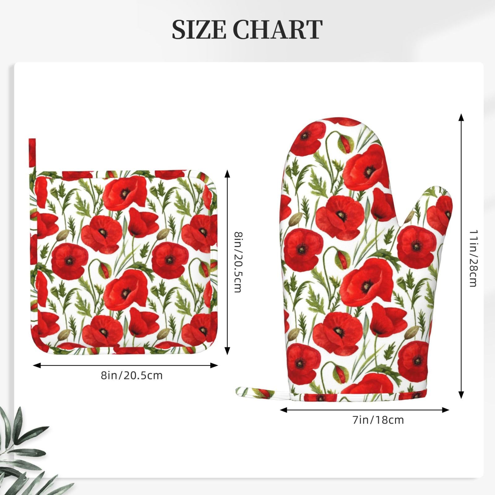 Lot de 4 maniques et maniques à imprimé coquelicot rouge | Moufles de cuisine élégantes en silicone motif coquelicots vintage pour cuisine, chef, barbecue, barbecue