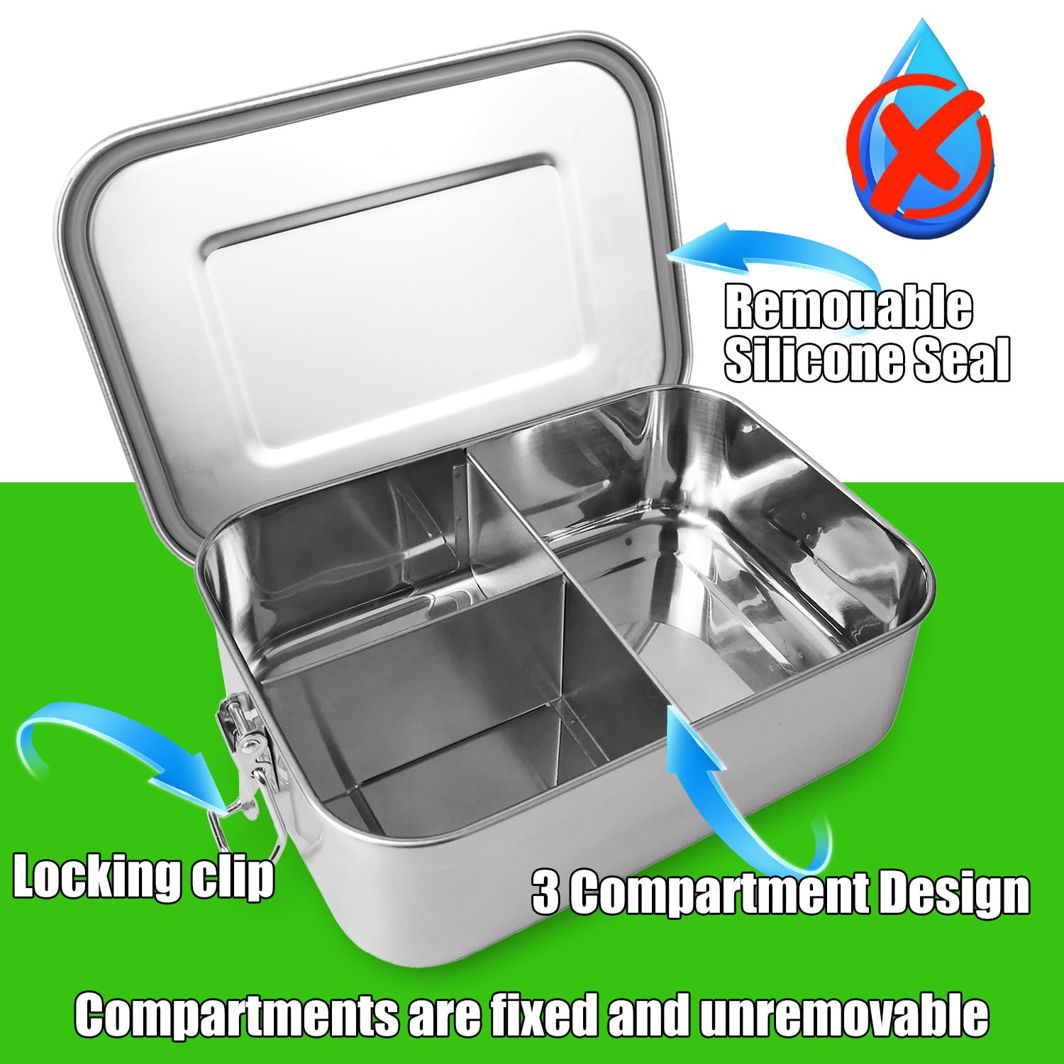 UPTRUST Stainless Steel Bento Lunch Food Box Container, 5-Compartment Large 1400ML Metal Bento Lunch Box Container for Kids or Adults with Lockable Clips to Leak Proof: 1200 ML - 3-Compartment