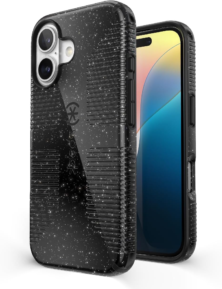 Speck CandyShell Grip iPhone 16 Case - Slim MagSafe - Black Glitter/Steel Black