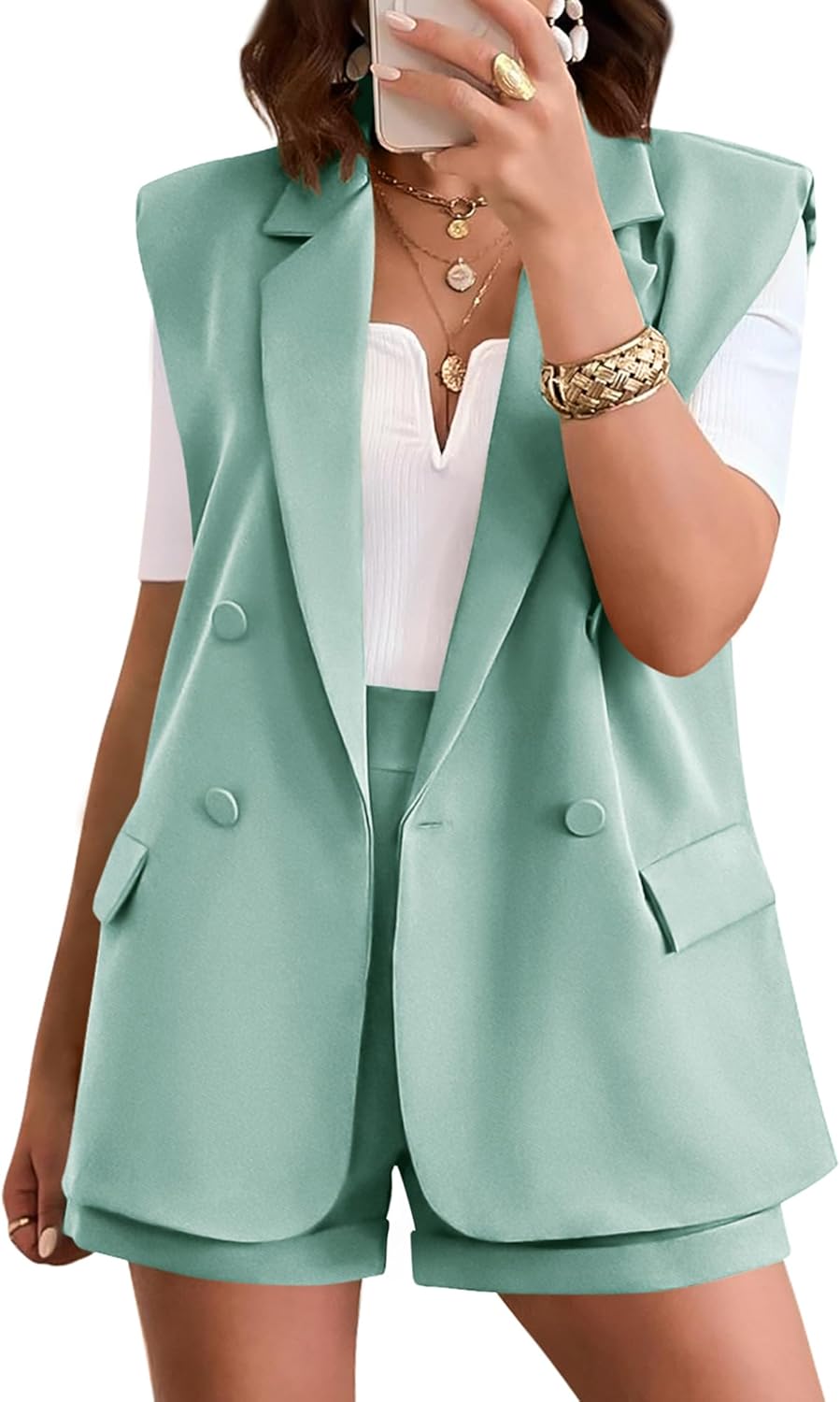 KIRUNDO Womens 2 Piece Sets Summer 2026 Dressy Sleeveless Blazer and High Waist Shorts Set Suit Business Casual Outfits