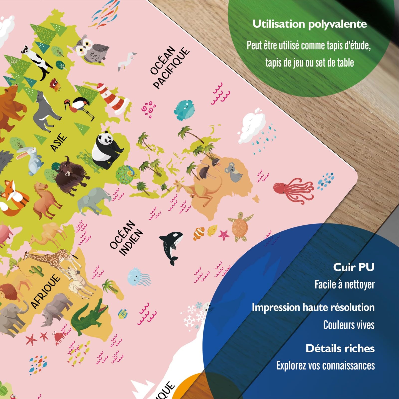 Carte du Monde Animaux Rose Français Sous-main Enfant 40x60cm Tapis Bureau Imperméable Cuir PU Double Face Effaçable