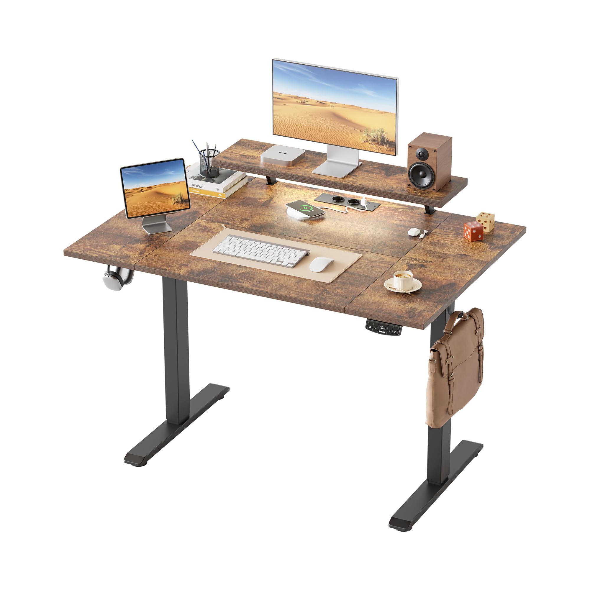 Klicelor Height Adjustable desk with LED Lights and Power Outlets, 120x80cm, movable monitor stand for Game and Home Office, Standing desk with 4-piece tabletop, brown