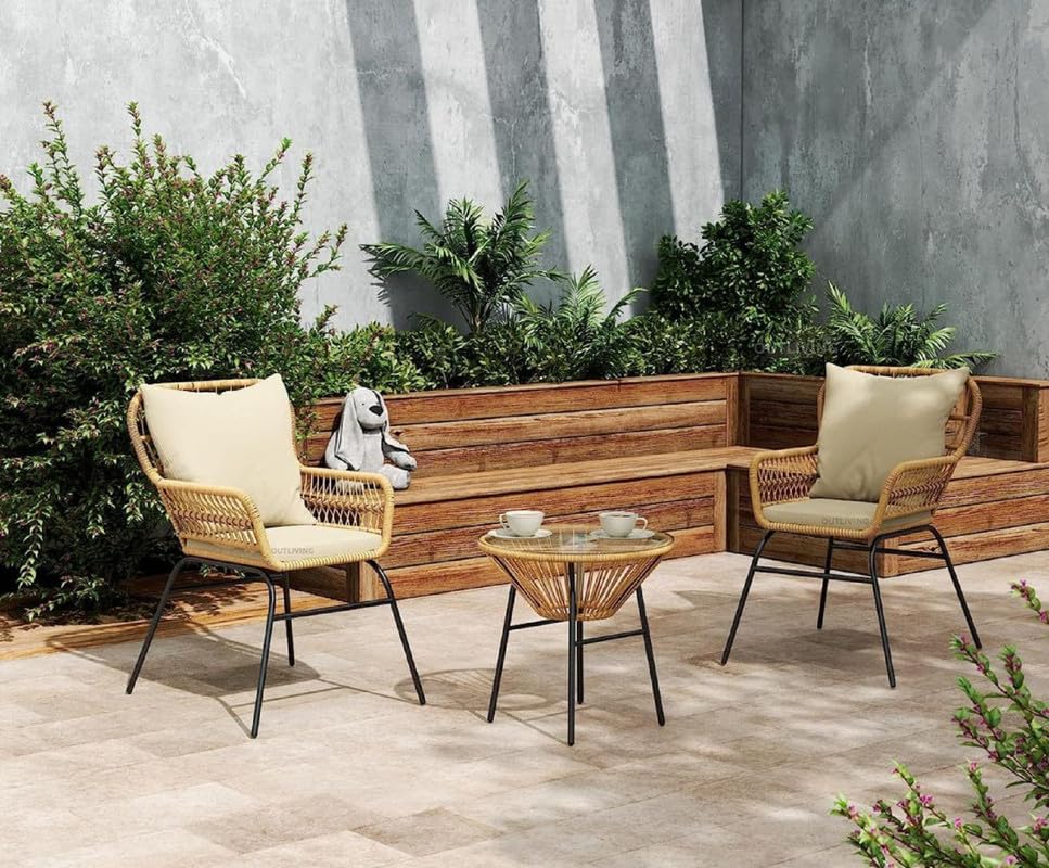 OUTLIVING Rattan Wicker Garden Patio Seating Chair and Table Set Garden Round Coffee Table Set Furniture (214 Honey)-image-28