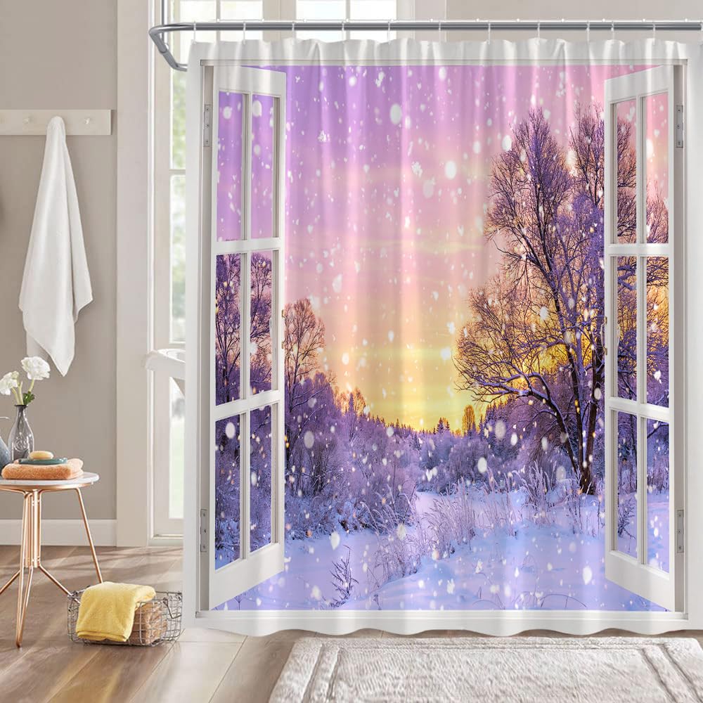 CCXTCZ Snow Scene Shower Curtain Sunset Forest Tree White Wooden Window Jungle Natural Scenery Winter Holiday Fabric Bathroom Decor Curtains with