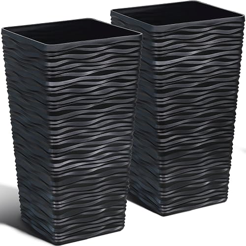 Worth Garden 2-Pack Black Tall Planter - Plastic Square Tapered Tree Plant Pots for Indoor Outdoor - 22 inch H - Modern Wavy Finish Decorative Flower Pots for Front Porch Containers Patio Deck